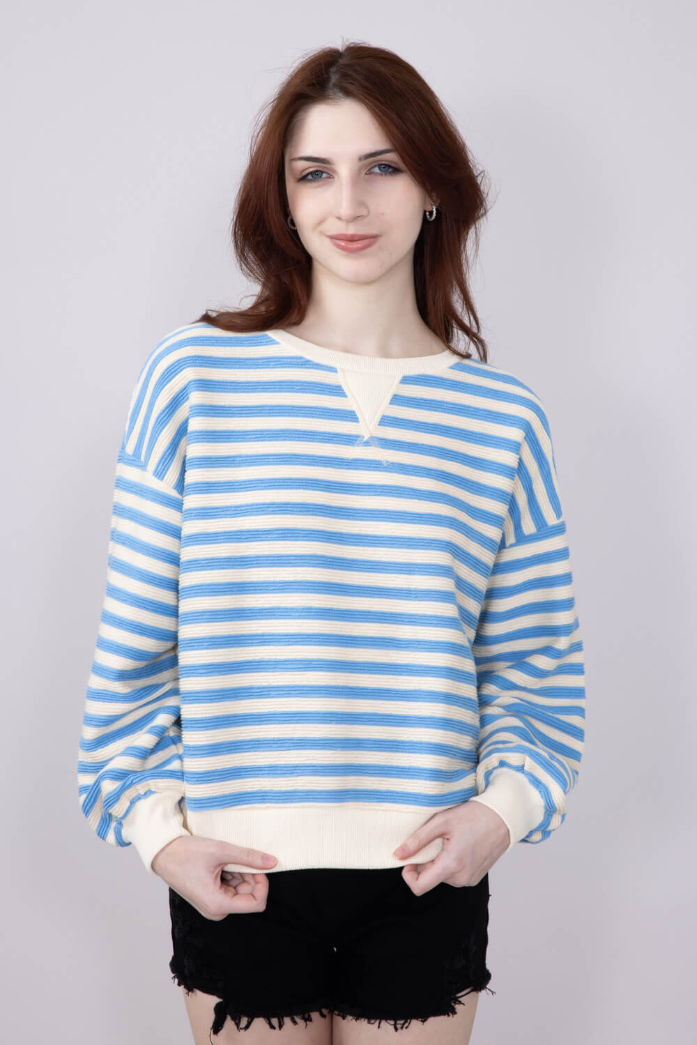 Blu Pepper Contrast Ribbed Knit Striped Sweatshirt for Women in Light Blue