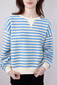Blu Pepper Contrast Ribbed Knit Striped Sweatshirt for Women in Light Blue