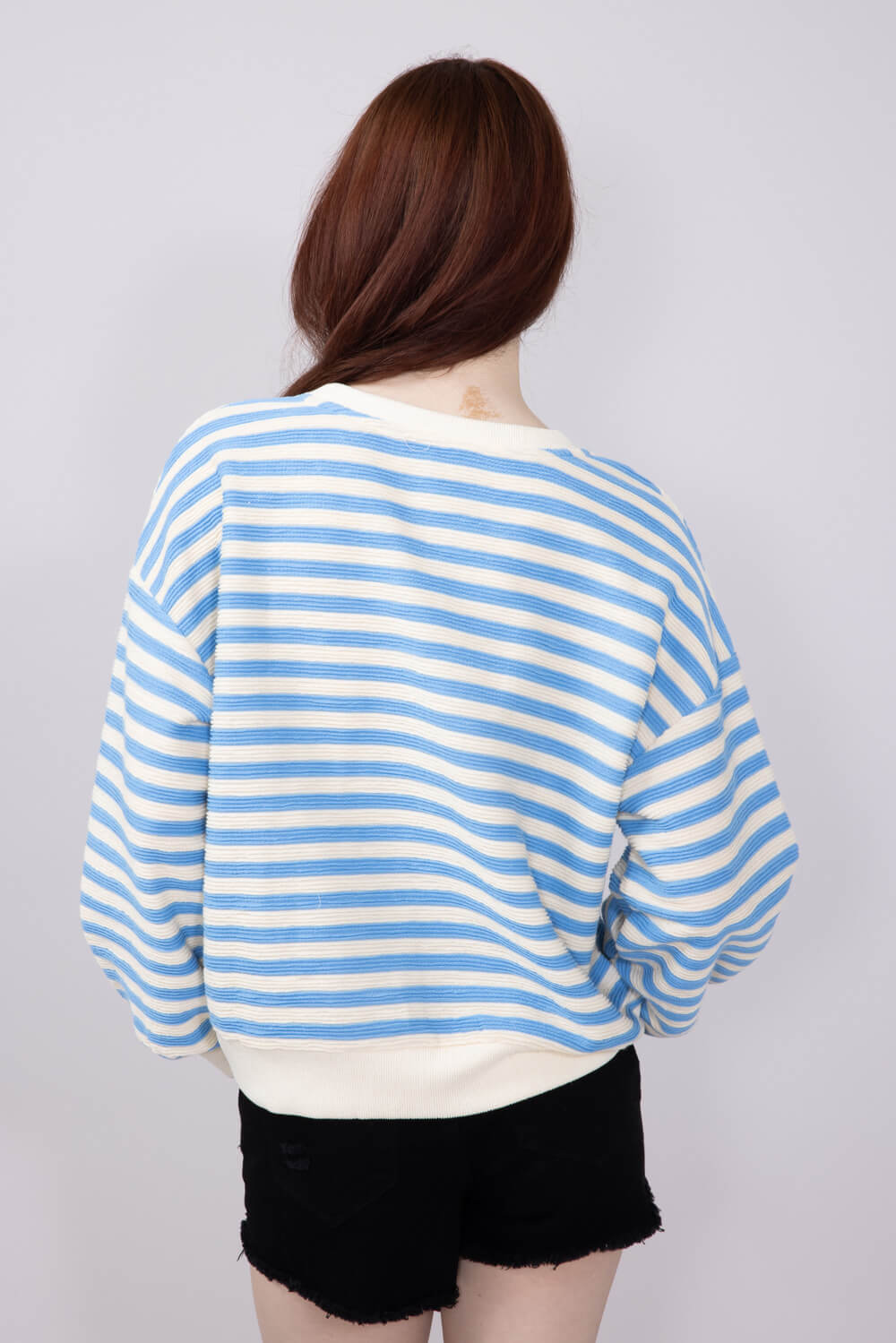 Blu Pepper Contrast Ribbed Knit Striped Sweatshirt for Women in Light Blue