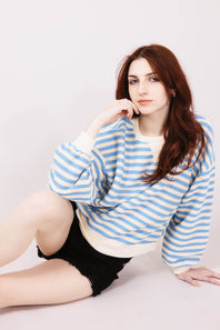 Blu Pepper Contrast Ribbed Knit Striped Sweatshirt for Women in Light Blue