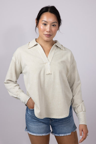 Blu Pepper Johnny Collar Mineral Wash Shirt for Women in Oatmeal