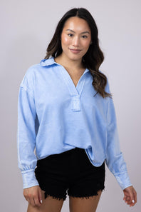 Blu Pepper Johnny Collar Mineral Wash Shirt for Women in Blue