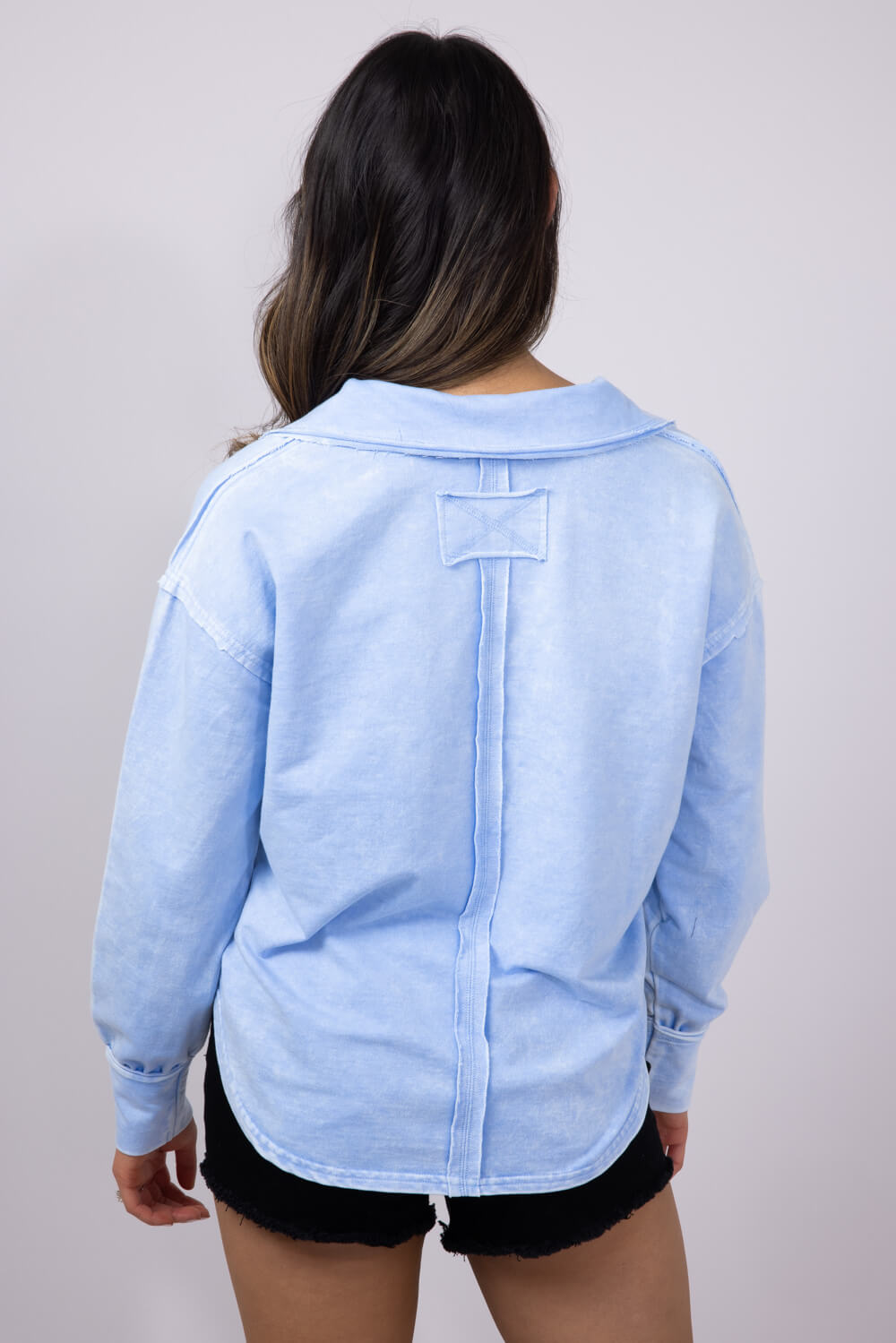 Blu Pepper Johnny Collar Mineral Wash Shirt for Women in Blue