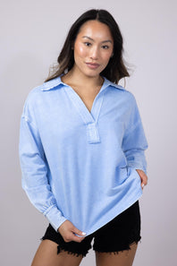 Blu Pepper Johnny Collar Mineral Wash Shirt for Women in Blue