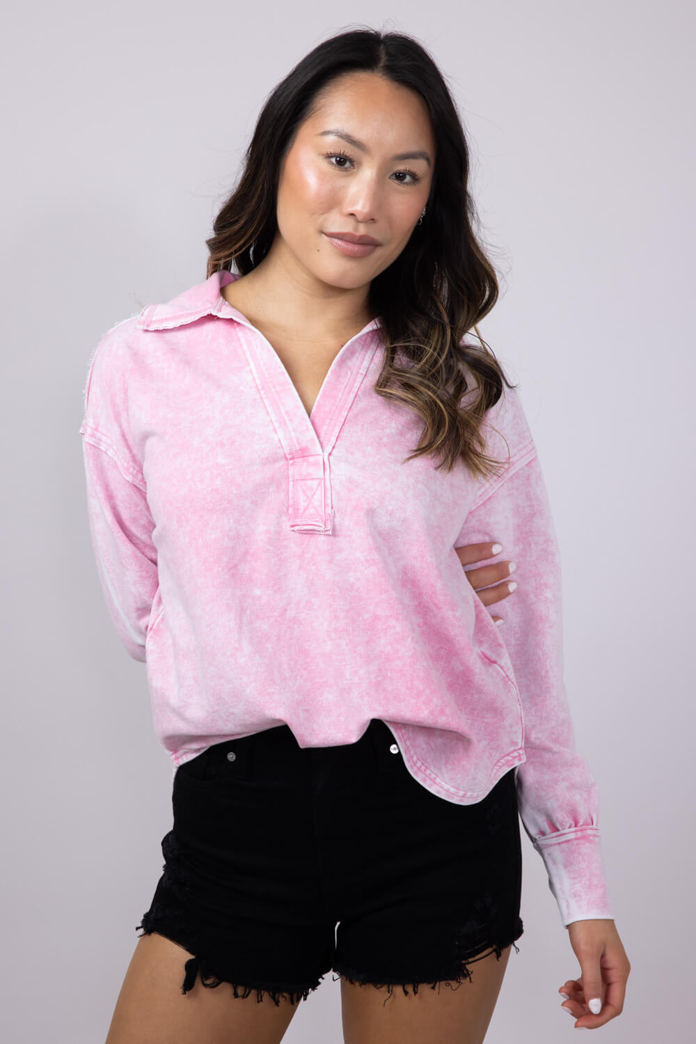 Blu Pepper Johnny Collar Mineral Wash Shirt for Women in Pink