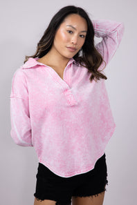 Blu Pepper Johnny Collar Mineral Wash Shirt for Women in Pink