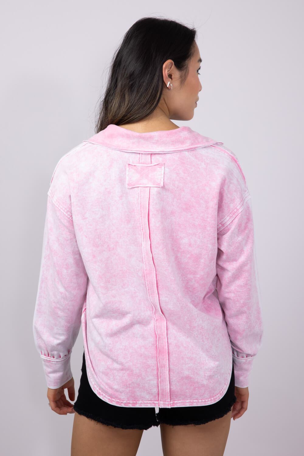 Blu Pepper Johnny Collar Mineral Wash Shirt for Women in Pink