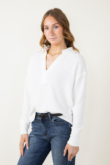 Blu Pepper Johnny Collar Ribbed Knit Shirt for Women in Ivory