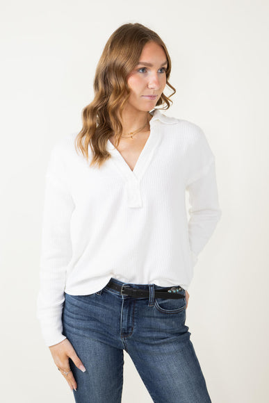 Blu Pepper Johnny Collar Ribbed Knit Shirt for Women in Ivory
