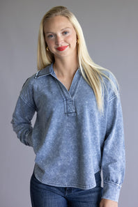 Blu Pepper Mineral Wash Knit Johnny Collar Shirt for Women in Blue