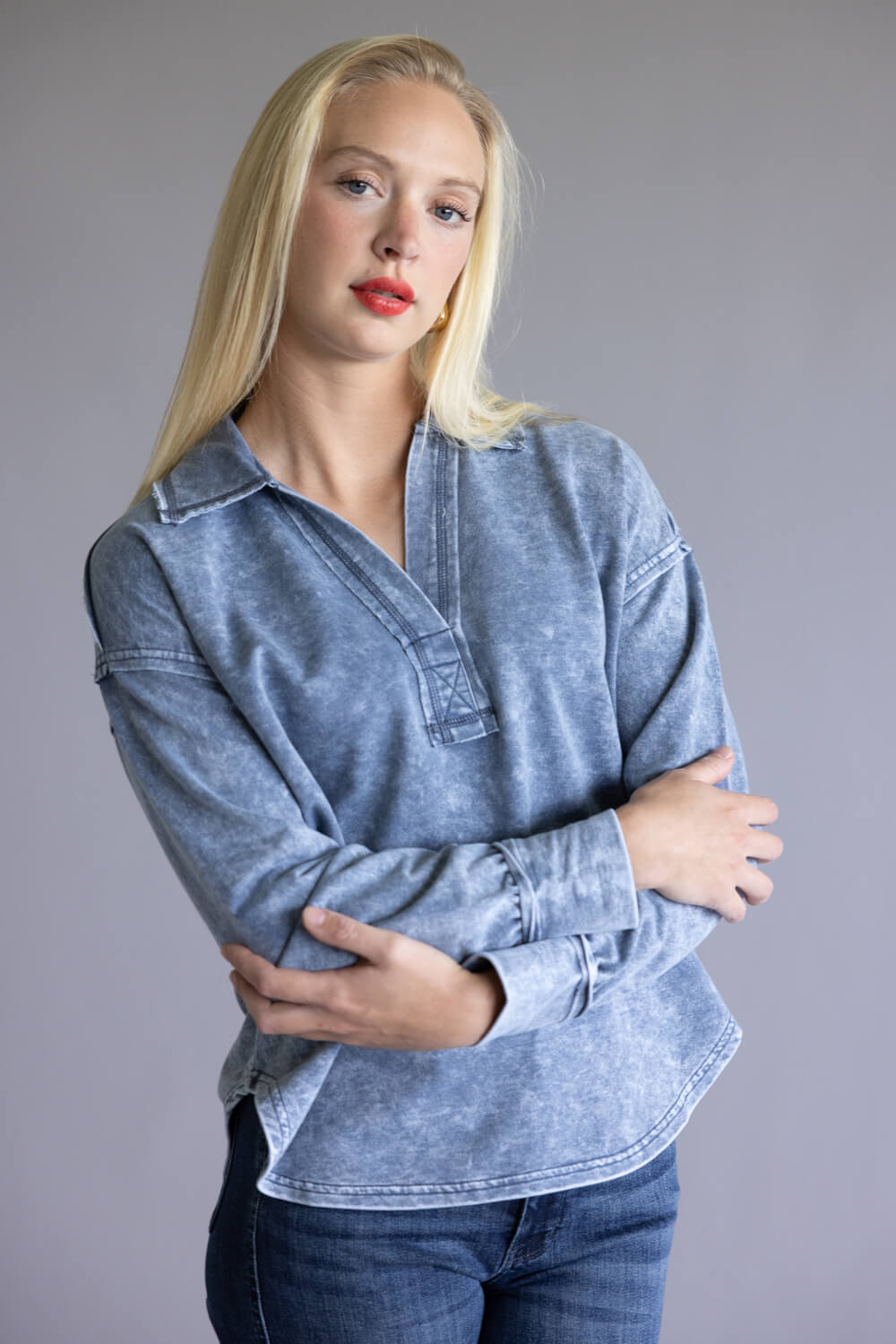 Blu Pepper Mineral Wash Knit Johnny Collar Shirt for Women in Blue