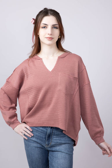 Blu Pepper Notched V-neck Knit Top for Women in Dusty Rose