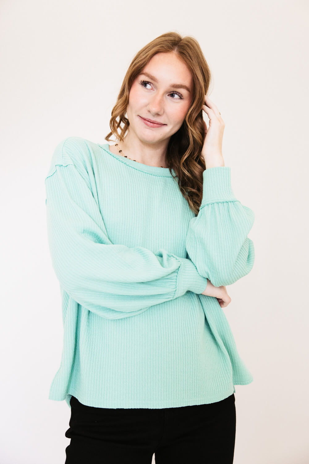 Blu Pepper Crewneck Ribbed Knit Shirt for Women in Mint