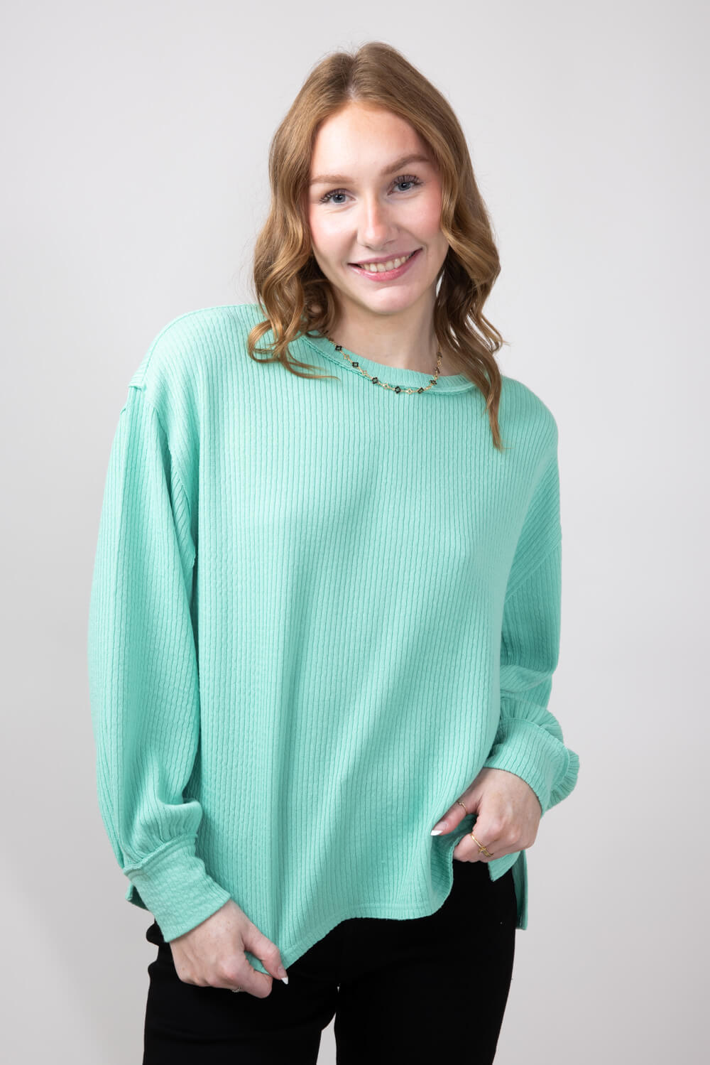 Blu Pepper Crewneck Ribbed Knit Shirt for Women in Mint