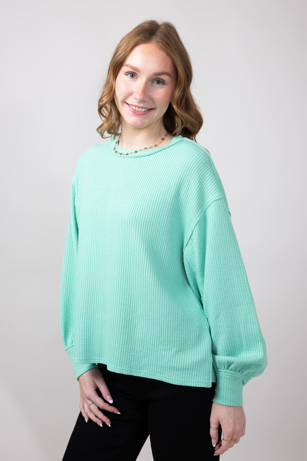 Blu Pepper Crewneck Ribbed Knit Shirt for Women in Mint