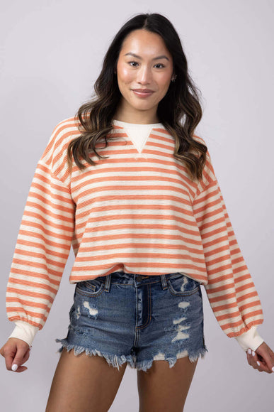 Blu Pepper Contrast Ribbed Stripe Knit Top for Women in Peach