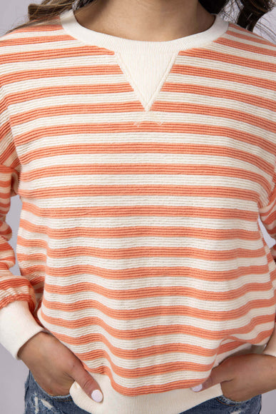 Blu Pepper Contrast Ribbed Stripe Knit Top for Women in Peach