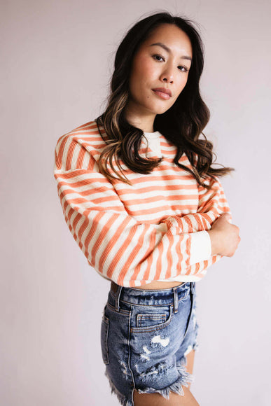 Blu Pepper Contrast Ribbed Stripe Knit Top for Women in Peach