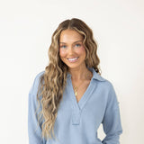 Blu Pepper Johnny Collar Ribbed Knit Shirt for Women in Blue 
