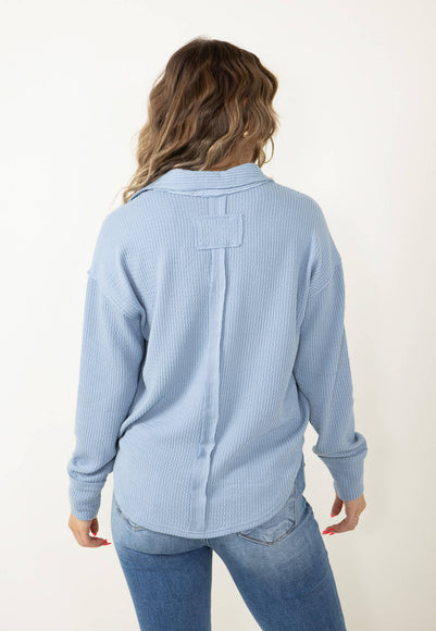 Blu Pepper Johnny Collar Ribbed Knit Shirt for Women in Blue 