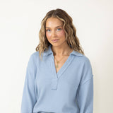 Blu Pepper Johnny Collar Ribbed Knit Shirt for Women in Blue 