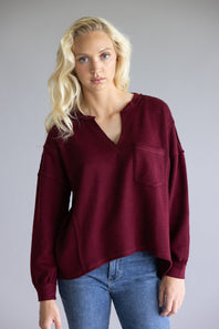 Blu Pepper Notched V-neck Knit Top for Women in Deep Red 