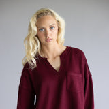 Blu Pepper Notched V-neck Knit Top for Women in Deep Red 
