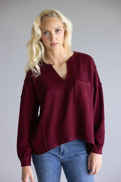 Blu Pepper Notched V-neck Knit Top for Women in Deep Red 