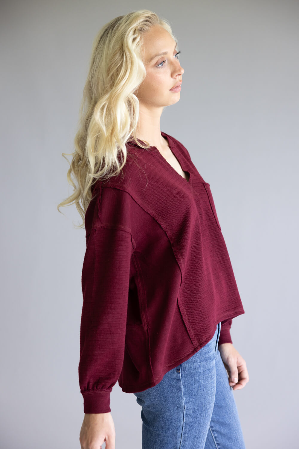 Blu Pepper Notched V-Neck Knit Top for Women in Deep Red