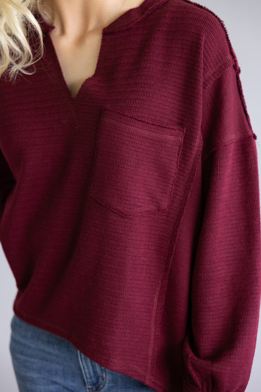 Blu Pepper Notched V-Neck Knit Top for Women in Deep Red