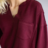Blu Pepper Notched V-neck Knit Top for Women in Deep Red 