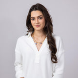 Blu Pepper Ribbed Knit Johnny Collar Polo Shirt for Women in White
