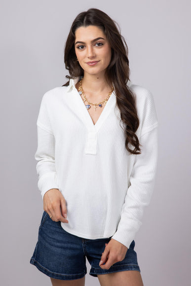 Blu Pepper Ribbed Knit Johnny Collar Polo Shirt for Women in White