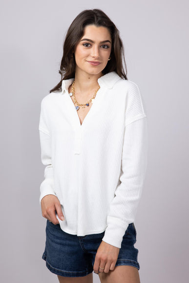 Blu Pepper Ribbed Knit Johnny Collar Polo Shirt for Women in White