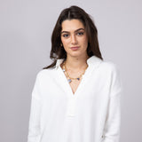 Blu Pepper Ribbed Knit Johnny Collar Polo Shirt for Women in White