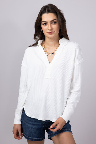 Blu Pepper Ribbed Knit Johnny Collar Polo Shirt for Women in White