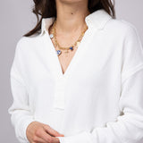 Blu Pepper Ribbed Knit Johnny Collar Polo Shirt for Women in White