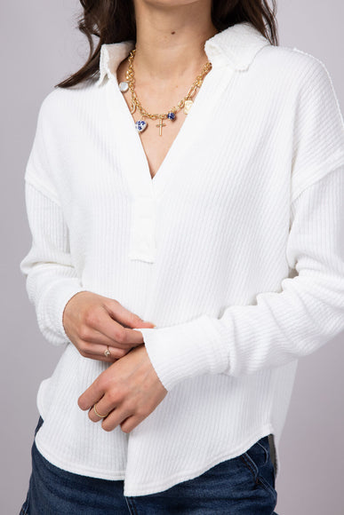 Blu Pepper Ribbed Knit Johnny Collar Polo Shirt for Women in White
