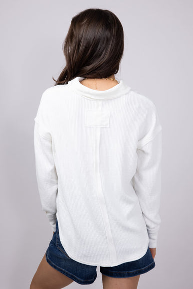 Blu Pepper Ribbed Knit Johnny Collar Polo Shirt for Women in White