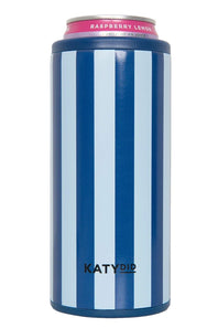 A blue and white vertically striped can cooler sleeve holding a pink Raspberry Lemon can, on a solid white background.