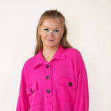Bucketlist French Terry Button Up Sweater for Women in Hot Pink