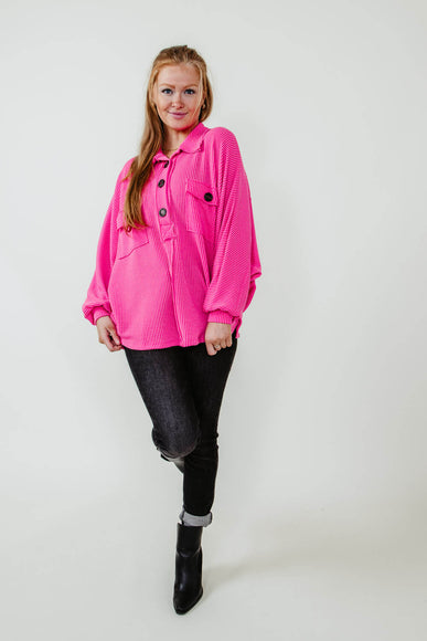 Bucketlist French Terry Button Up Sweater for Women in Hot Pink