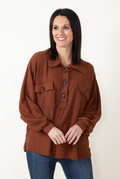 Bucketlist French Terry Button Up Sweater for Women in Brown