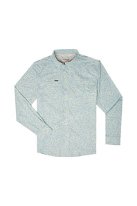 A light blue and white micro-patterned long-sleeve button-down shirt with a mandarin collar, laid flat against a white background.
