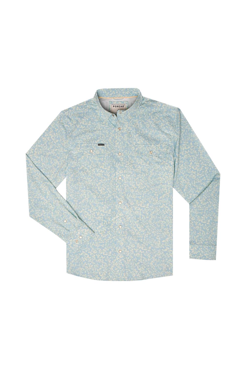 A light blue and white micro-patterned long-sleeve button-down shirt with a mandarin collar, laid flat against a white background.