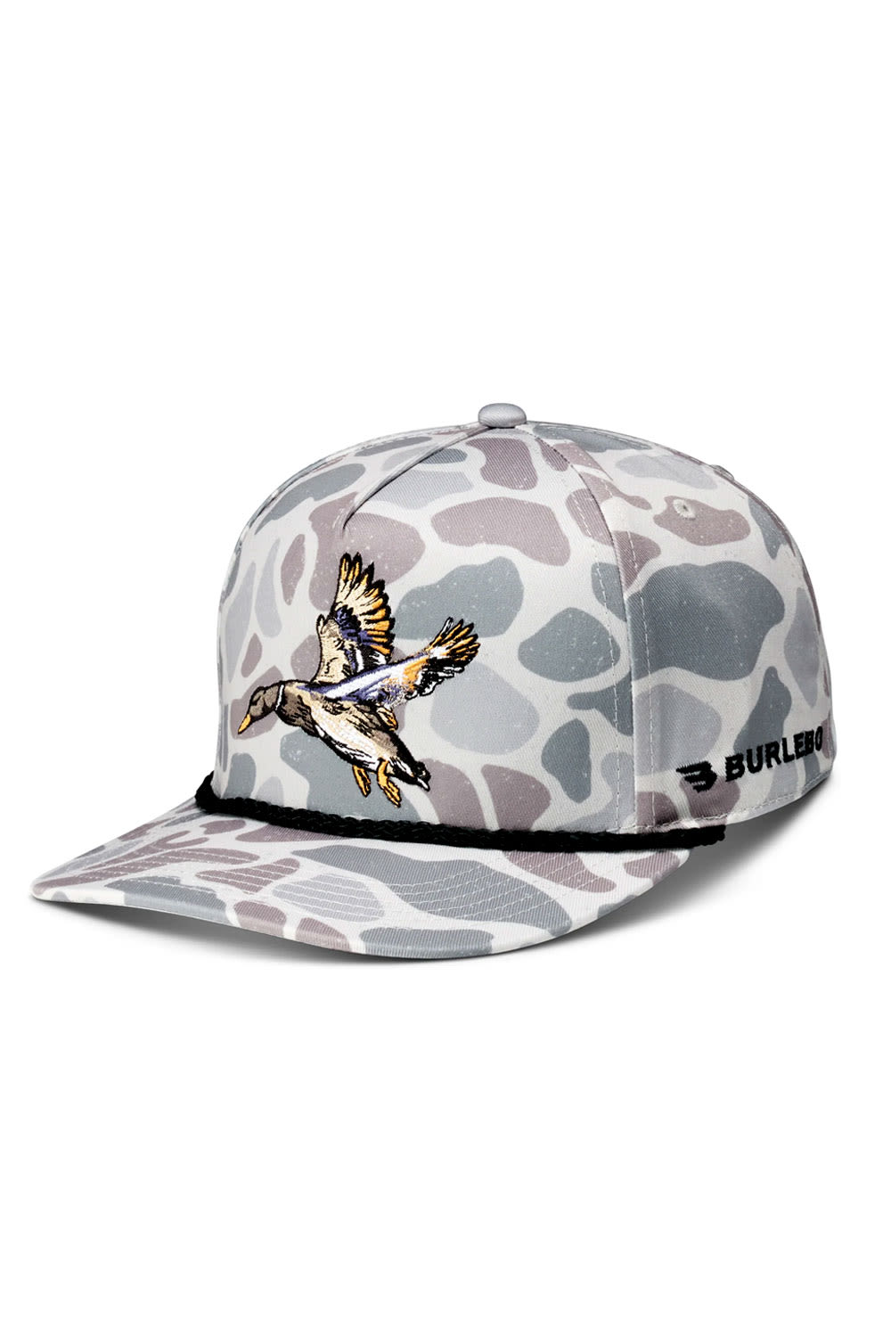 A snapback cap featuring a gray and white camouflage pattern, a detailed flying duck graphic on the front, and a black 'BURLEBO' logo on the side, set against a plain white background.