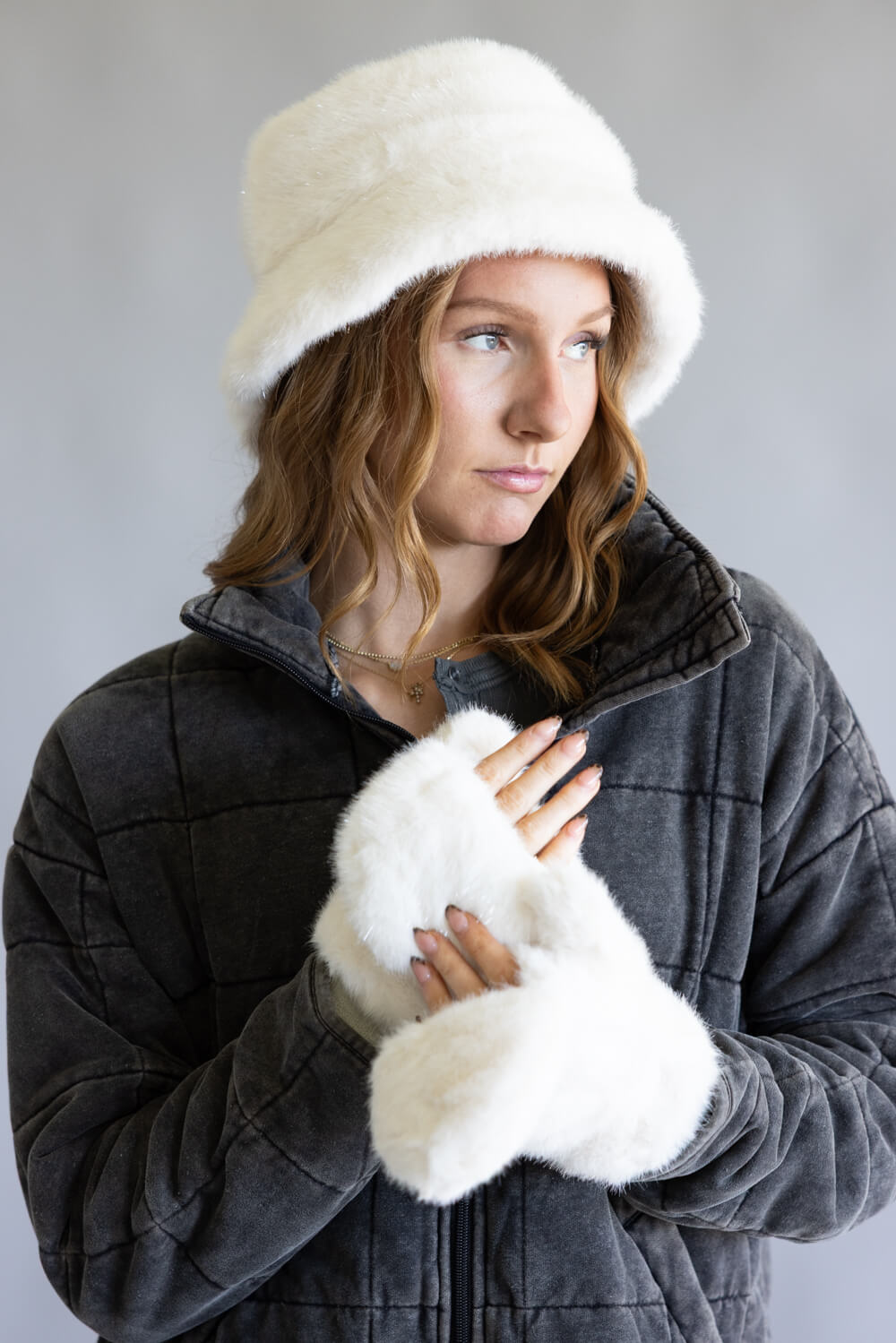 C.C. Glitter Fur Bucker Hat for Women in Ivory