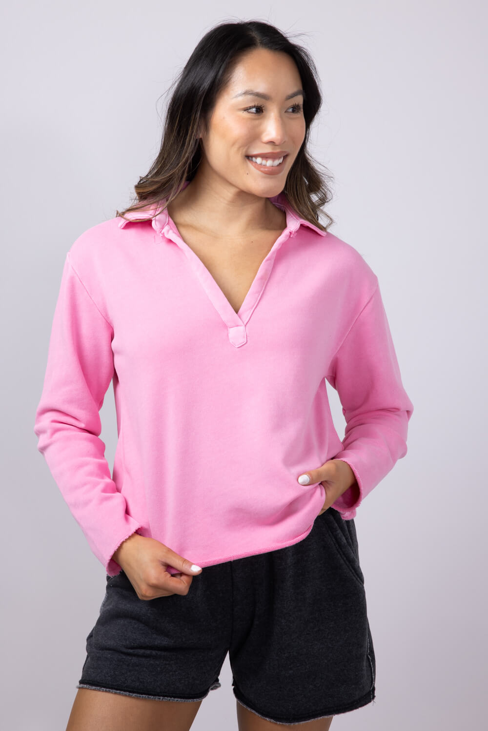 C&C California Samantha Collared Sunwashed French Terry Pullover for Women in Pink