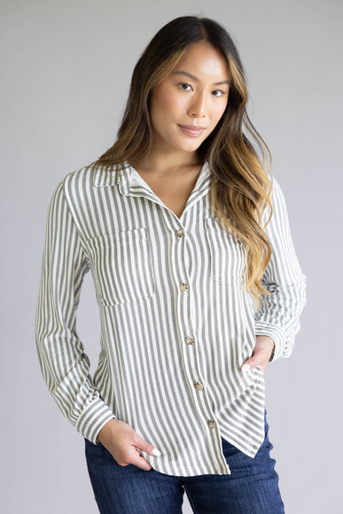 C&C California Marina Luxe Essential Striped Button Up Shirt for Women in White
