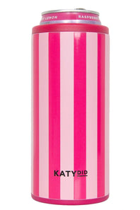 Pink and white striped can cooler with 'KATYDID' branding on a white background